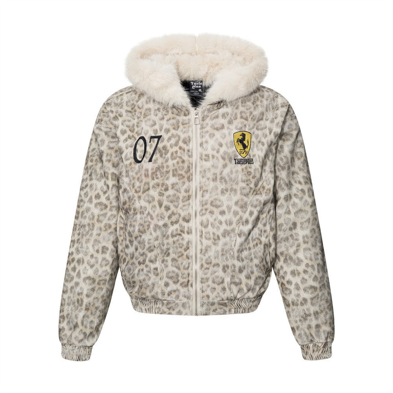Leopard Print Hooded Bomber Jacket with Faux Fur Trim