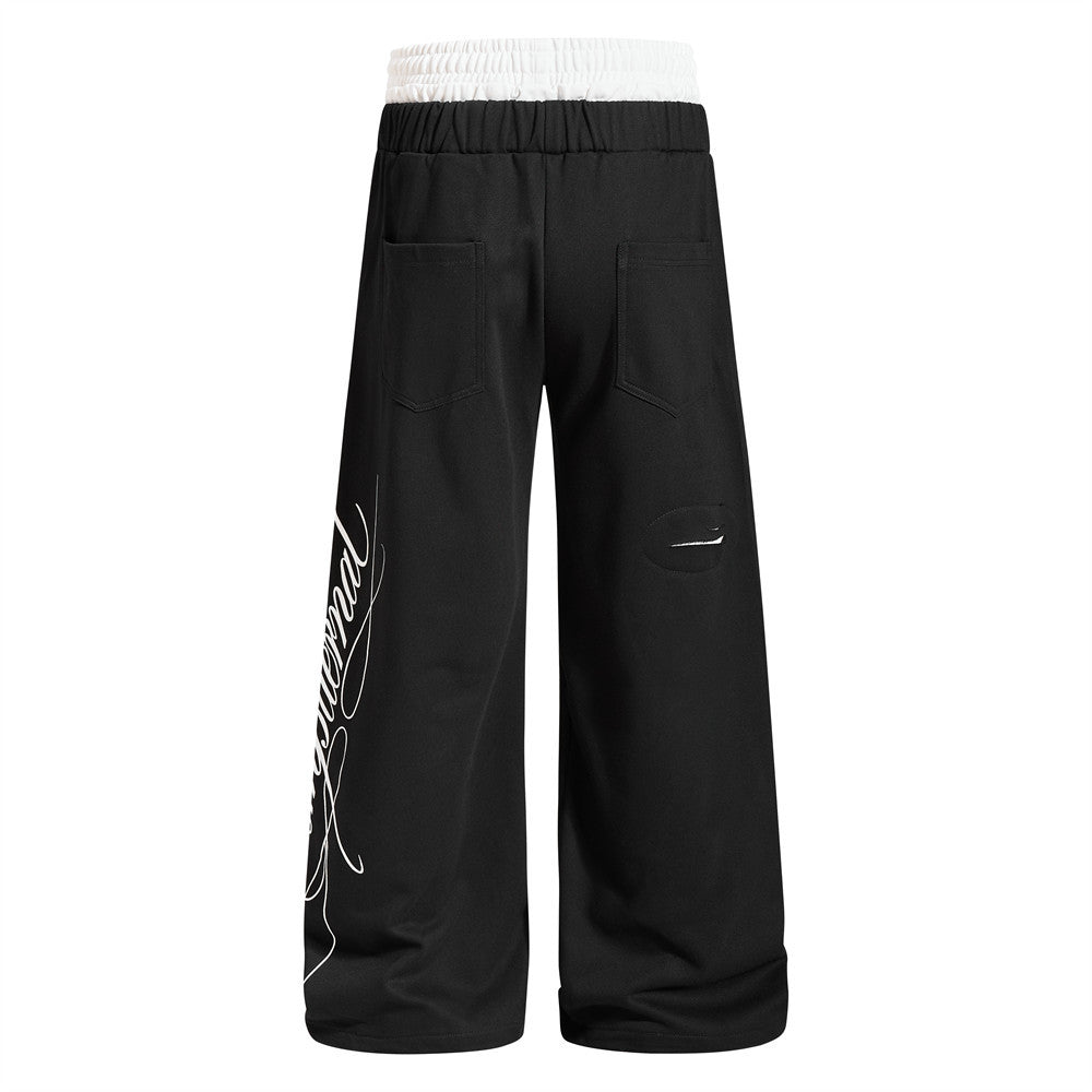 Wide-Leg Sweatpants with Contrast Double Waistband, Distressed Detail & Graphic