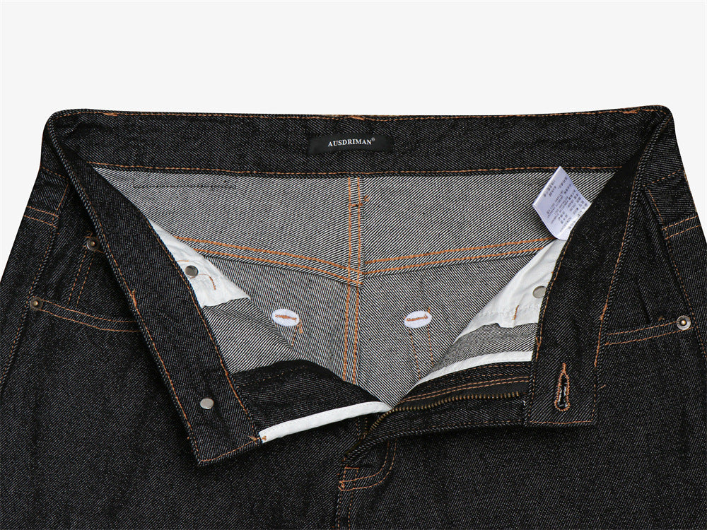 Men's Wide-Leg Raw Denim Jeans with Union Jack Rolled Cuffs & Studded Back
