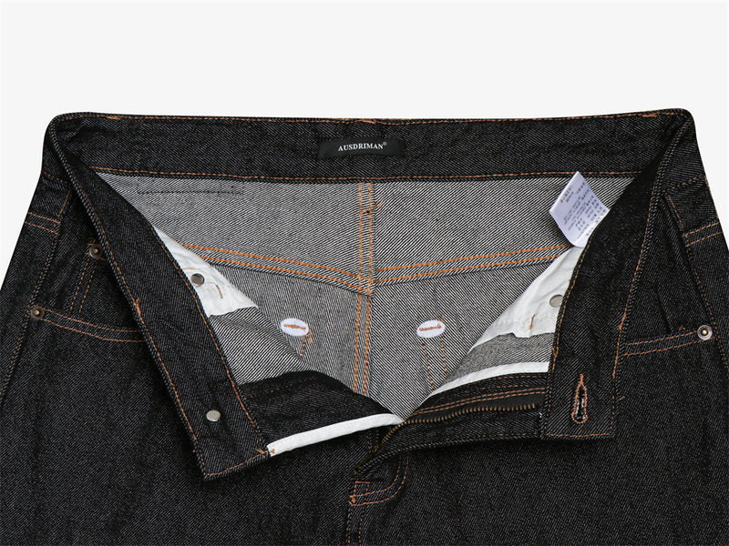 Men's Wide-Leg Raw Denim Jeans with Union Jack Rolled Cuffs & Studded Back