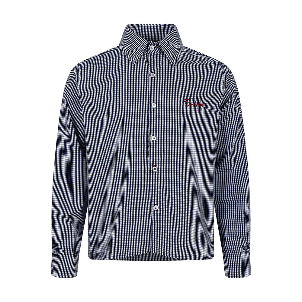 Men's relaxed-fit plaid long-sleeve button-up shirt with embroidered script logo on chest, shown in navy gingham and grey pla