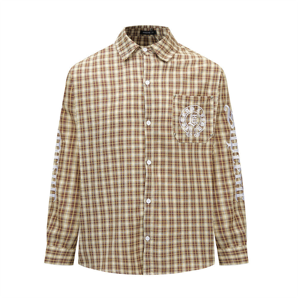 Embroidered Button Down Shirt – Men's Plaid Long Sleeve Gothic Logo Flannel