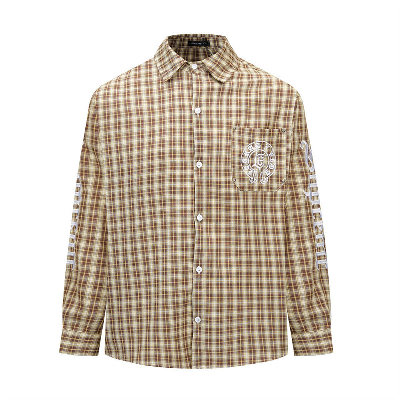 Embroidered Button Down Shirt – Men's Plaid Long Sleeve Gothic Logo Flannel