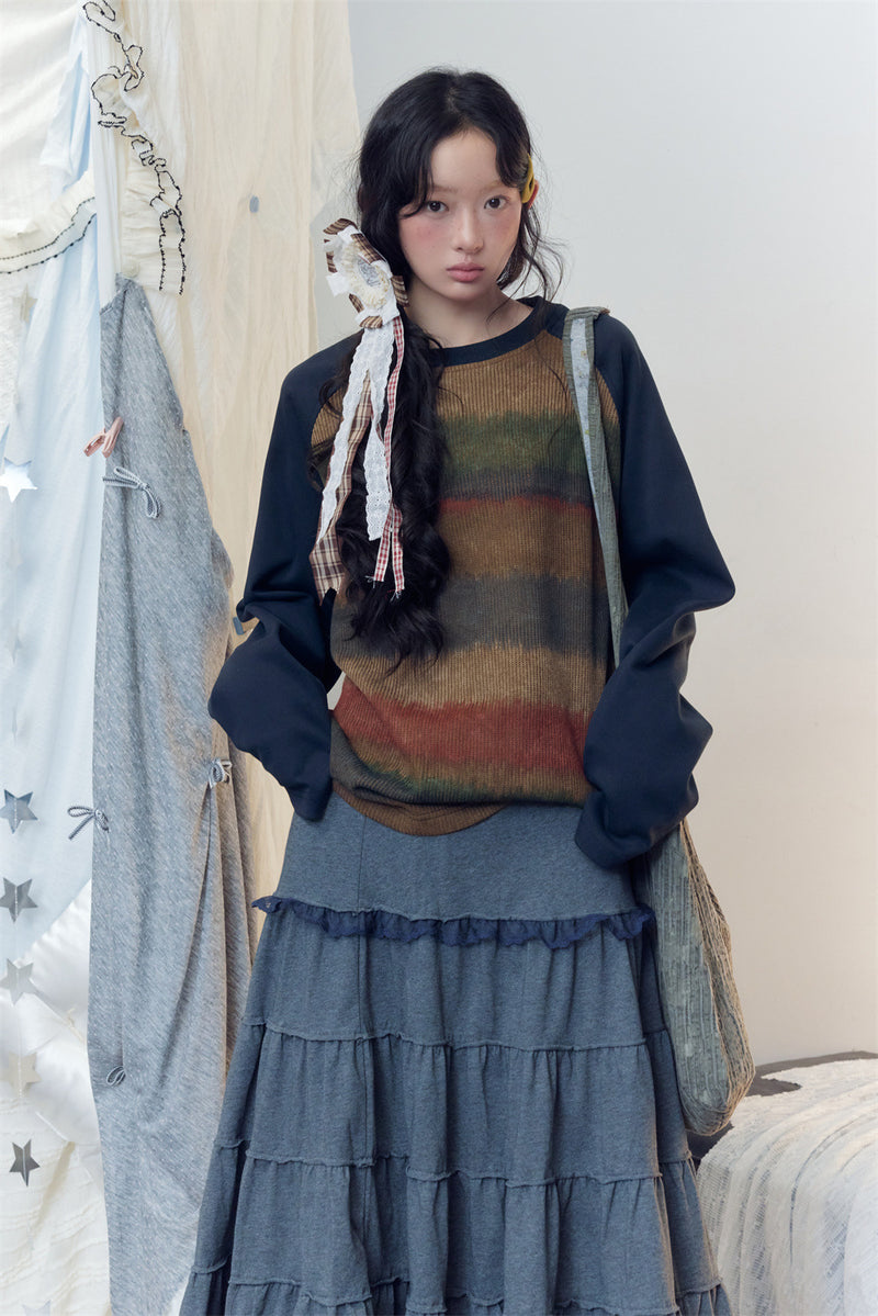 Men's Tie-Dye Stripe Raglan Long Sleeve Sweater with Colorblock Sleeves
