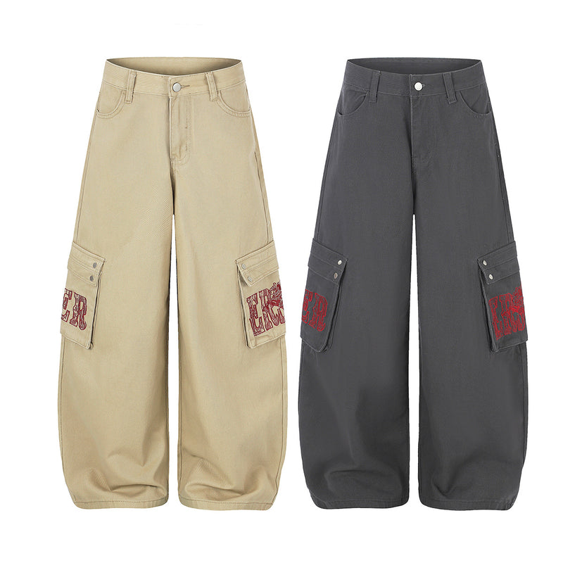 Baggy Cargo Pants Wide Leg Embroidered Letter Workwear Trousers