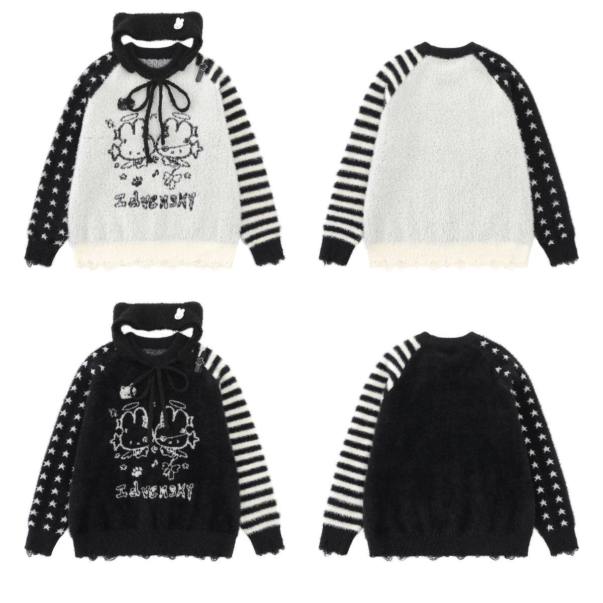 Cartoon Rabbit Angel Knit Sweater – Mixed Star & Stripe Fuzzy Pullover with