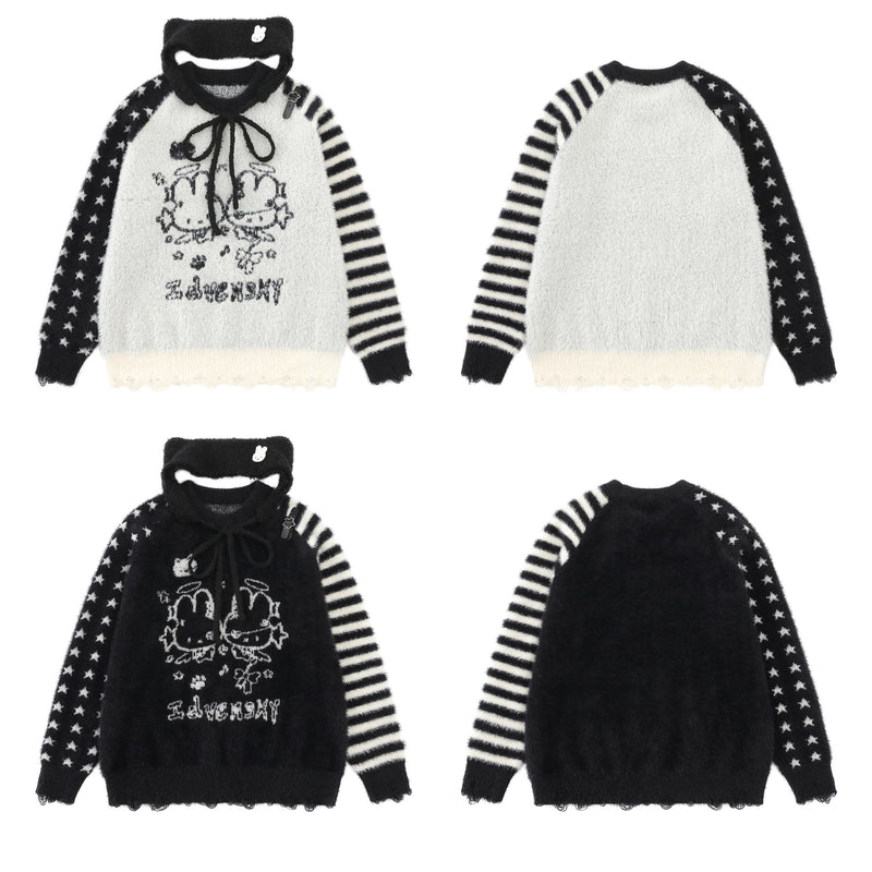 Cartoon Rabbit Angel Knit Sweater – Mixed Star & Stripe Fuzzy Pullover with