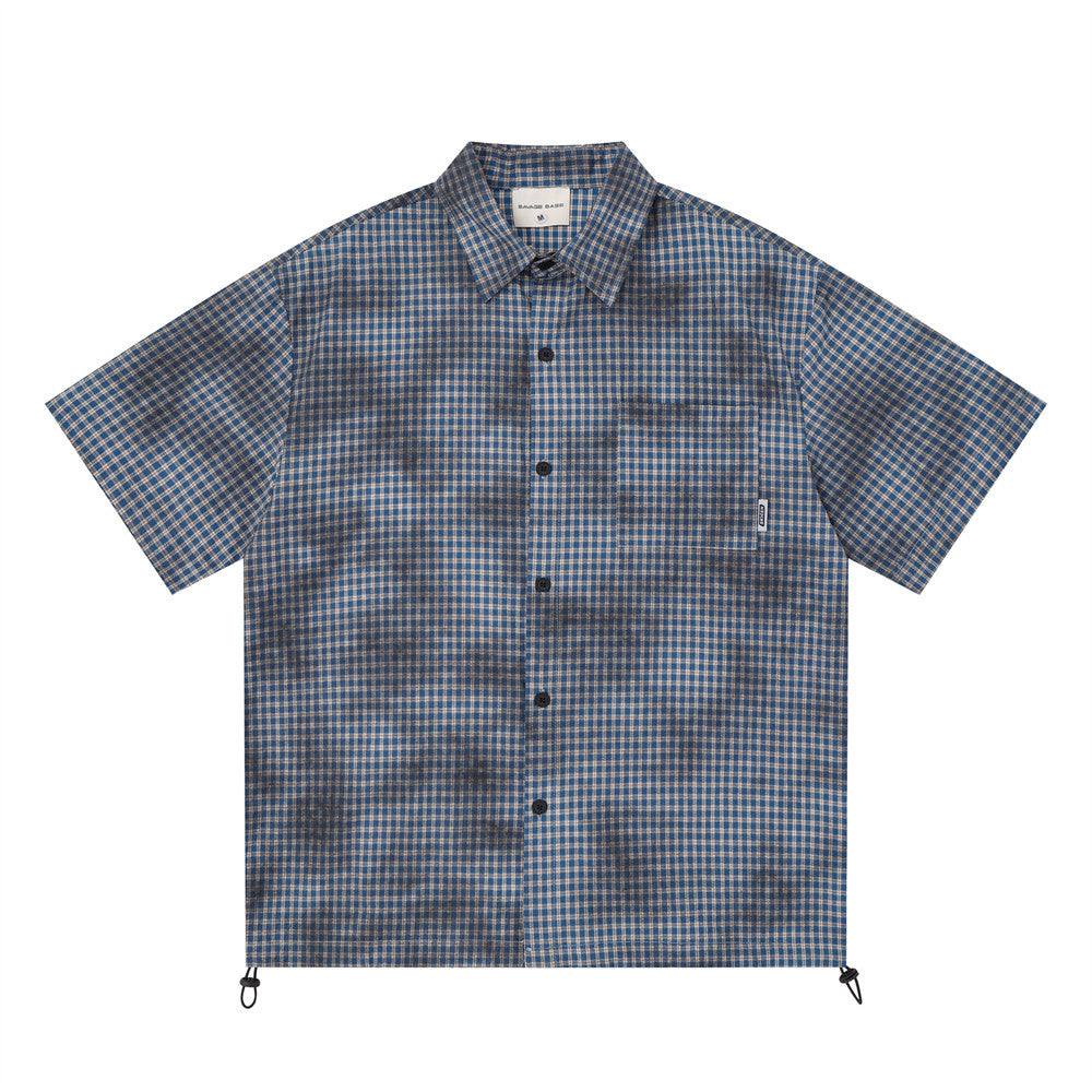 Men's short sleeve plaid gingham check shirt with tie-dye washed finish and drawstring hem in blue and red colorways