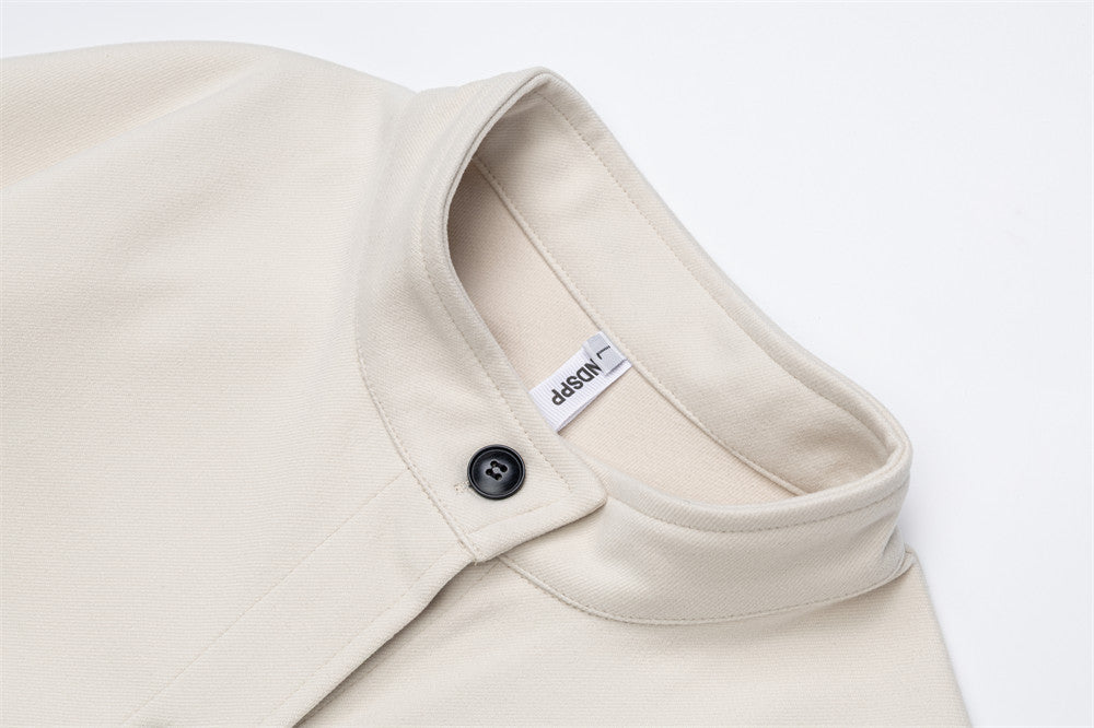 Stand Collar Button-Up Short Jacket with Plaid Cuff Detail — Men's Streetwear