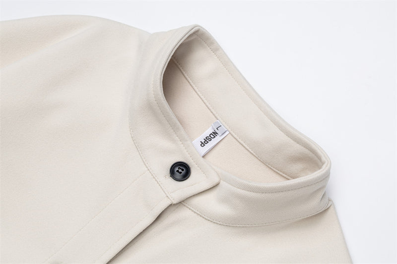 Stand Collar Button-Up Short Jacket with Plaid Cuff Detail — Men's Streetwear