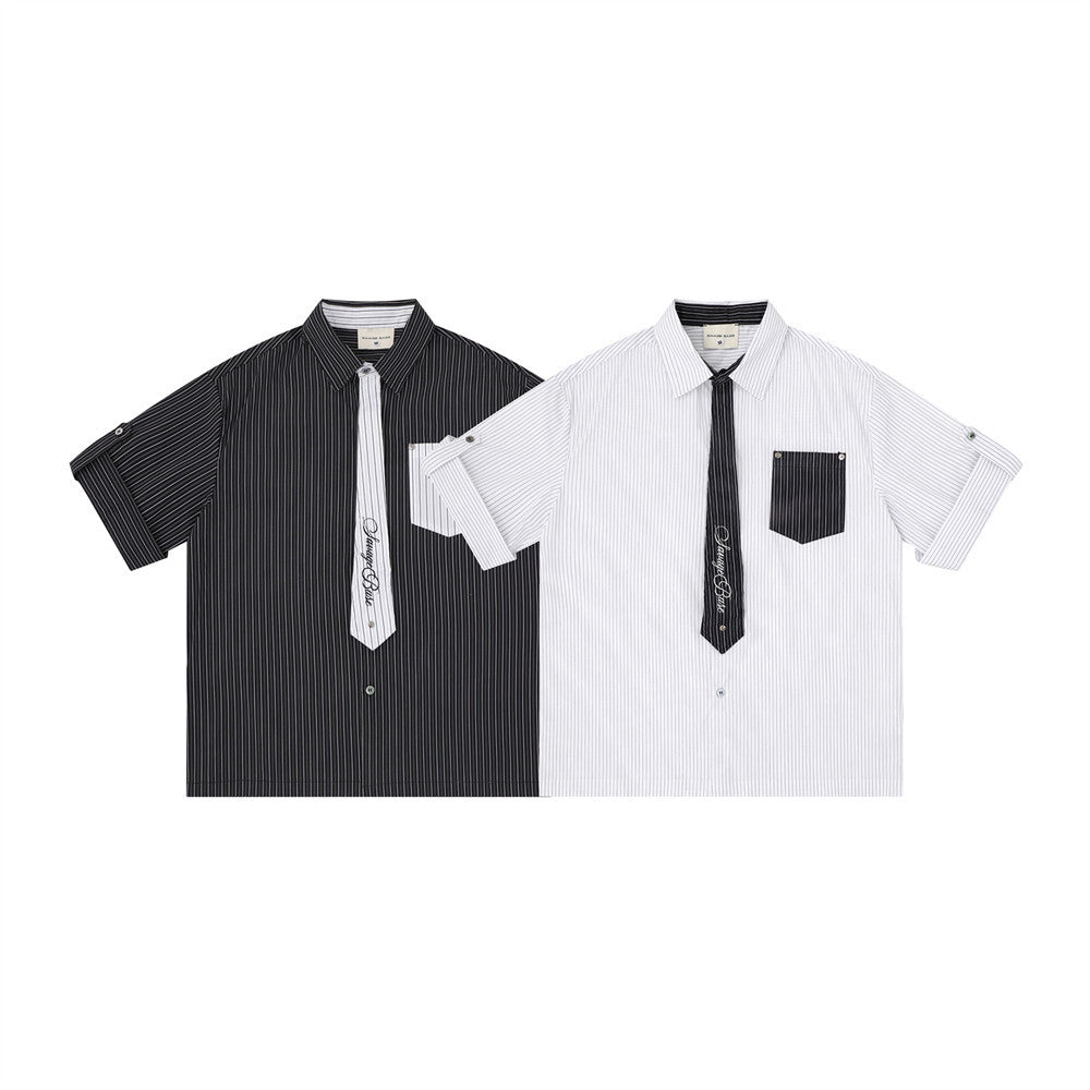 Black and white striped short sleeve button-up shirts with contrast tie detail, front view
