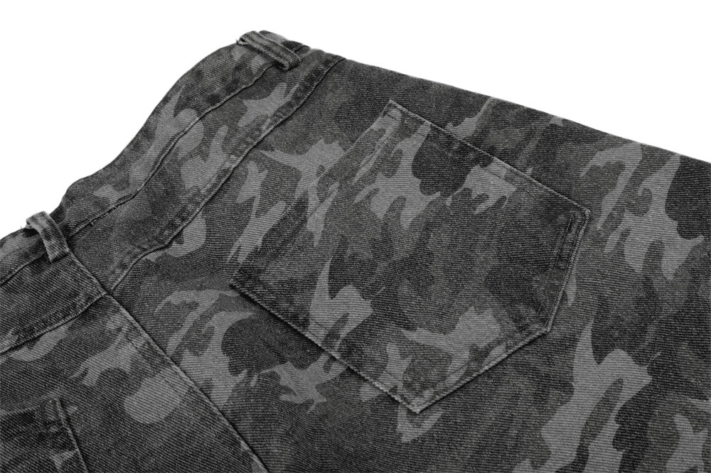 Camo Wide-Leg Jeans with Metal Studs – Punk Streetwear Barrel Fit