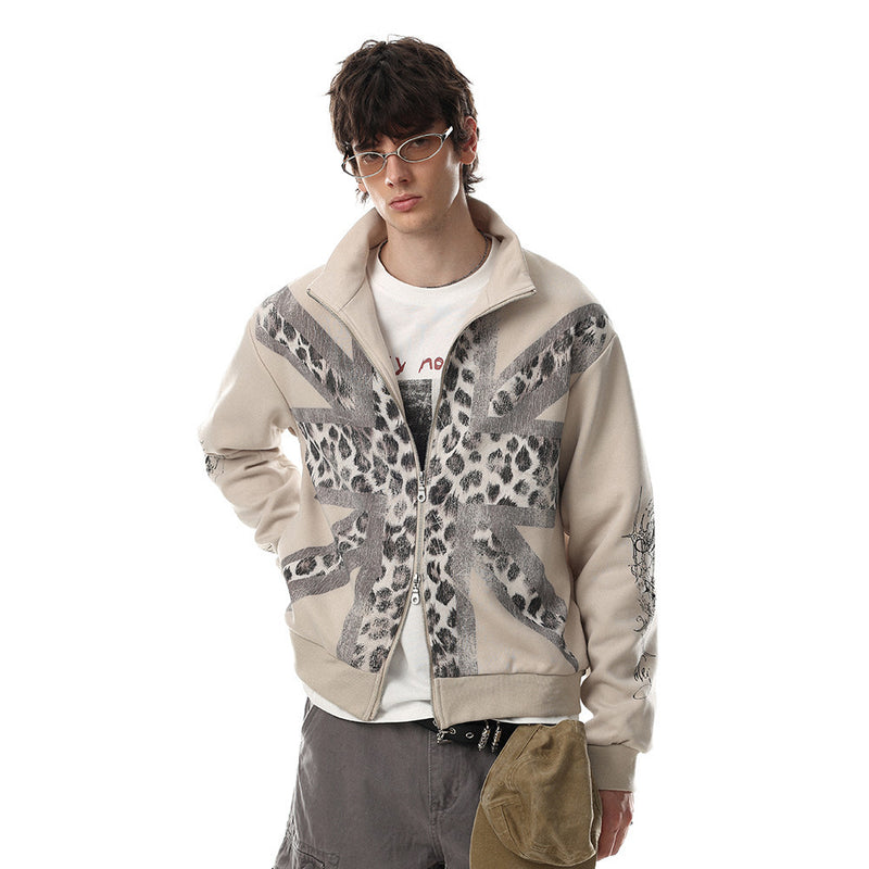 Union Jack Leopard Print Zip-Up Track Jacket – Oversized Fit