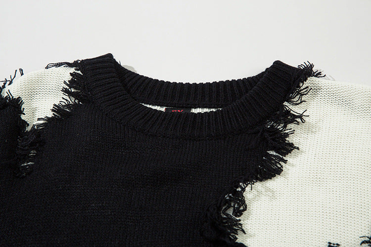 Pull en maille color block effet usé – Pull oversize à franges, style high-street