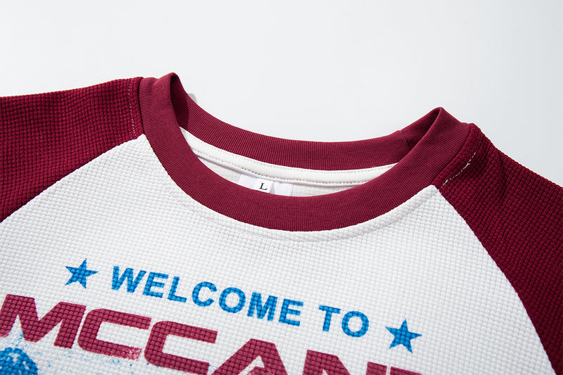 Raglan-Longsleeve – Retro-Bandgrafik, Waffelstrickärmel, Weiß &