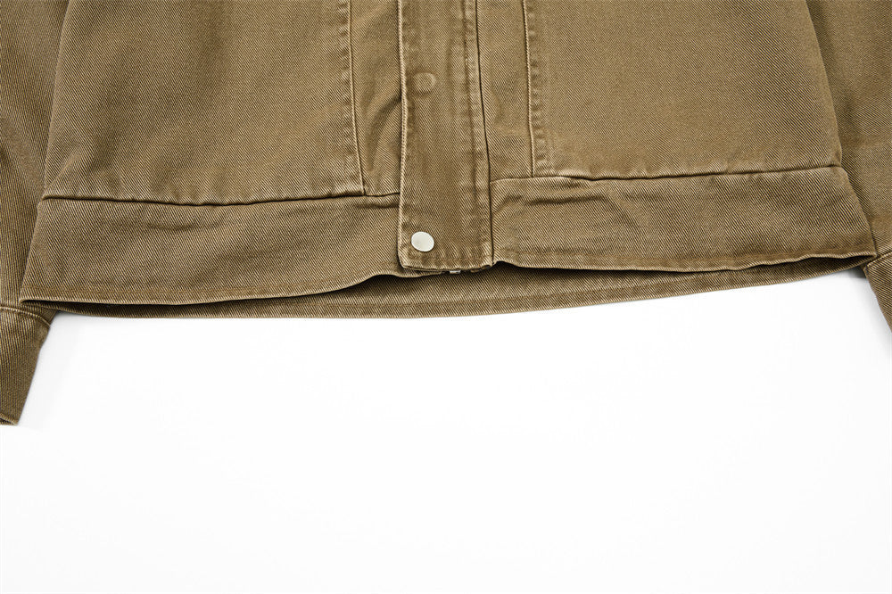 Vintage Workwear Denim Jacket – Stand Collar, Zip Chest Pockets & Oversized Fit