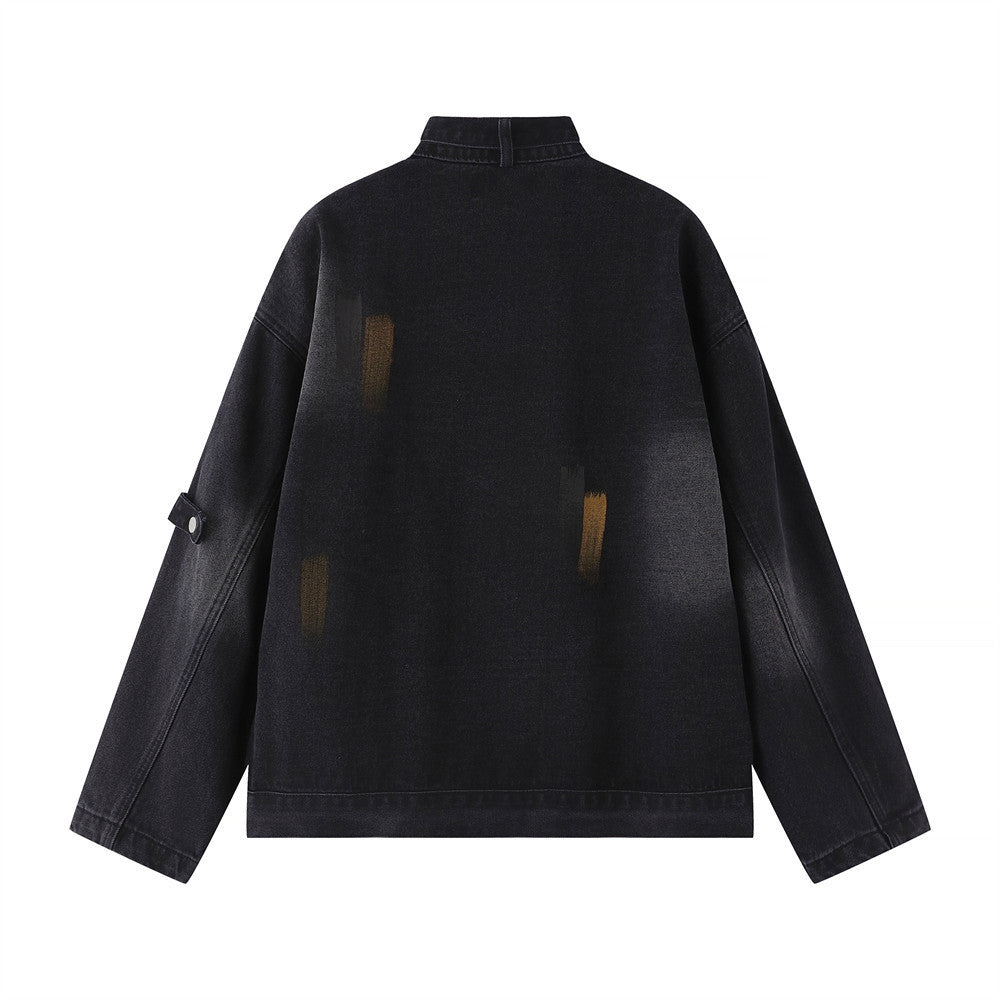 Oversized Black Denim Jacket – Floral Embroidery & Washed Distressed Finish