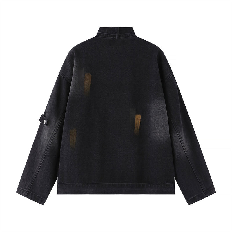 Oversized Black Denim Jacket – Floral Embroidery & Washed Distressed Finish