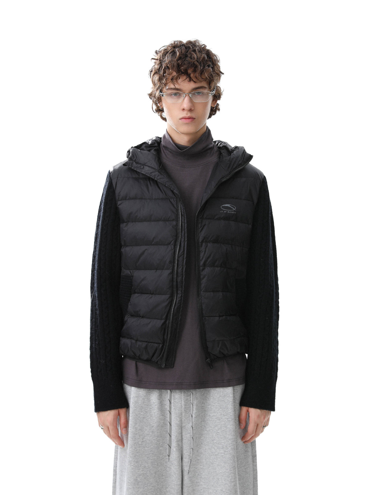 Hooded Puffer Vest Cable-Knit Sleeve Down Jacket – Retro Spliced Outerwear