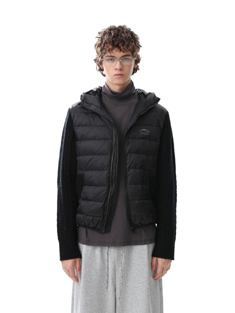 Hooded Puffer Vest Cable-Knit Sleeve Down Jacket – Retro Spliced Outerwear