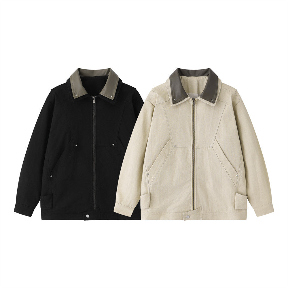 Herrenjacke im dekonstruierten Workwear-Stil – mit Reißverschluss, PU-Lederkragen und entspannter Passform