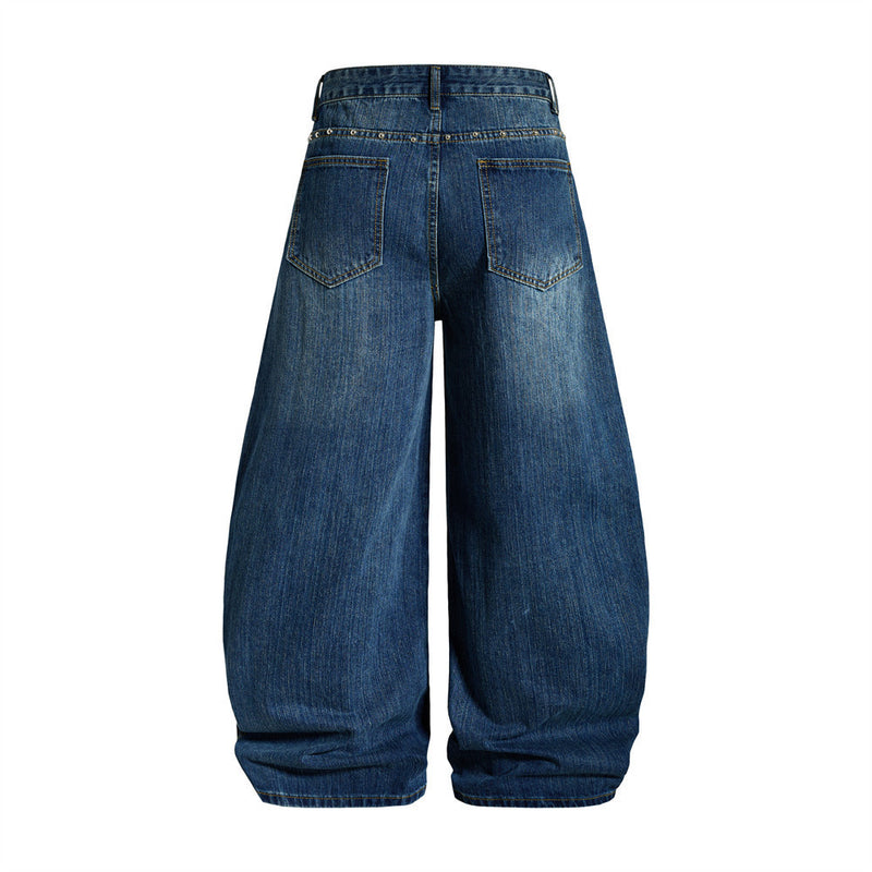 Men's Baggy Black Jeans Wide-Leg Rivet Punk Washed Denim Pants