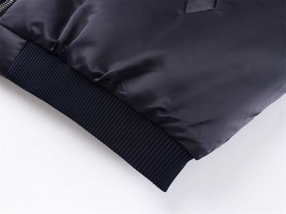 Oversized Bomber Jacket – Navy Satin with Pink Lining