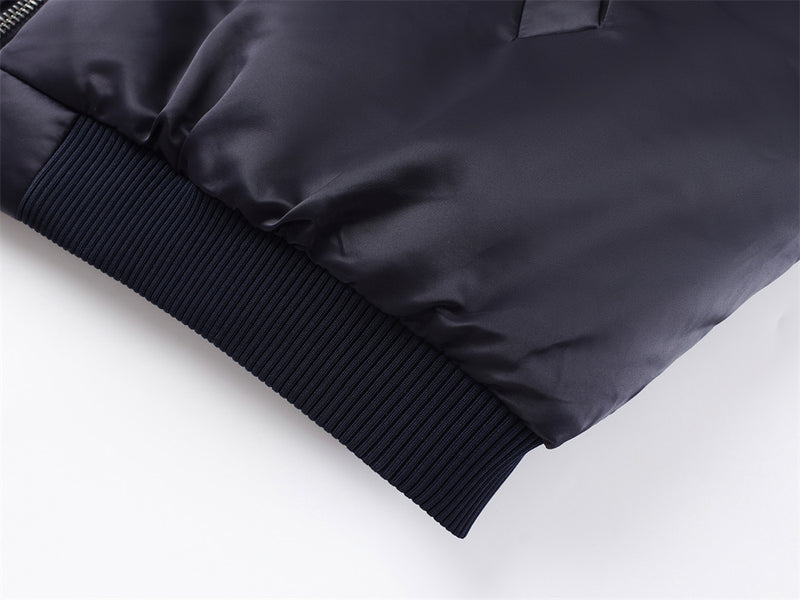 Oversized Bomber Jacket – Navy Satin with Pink Lining