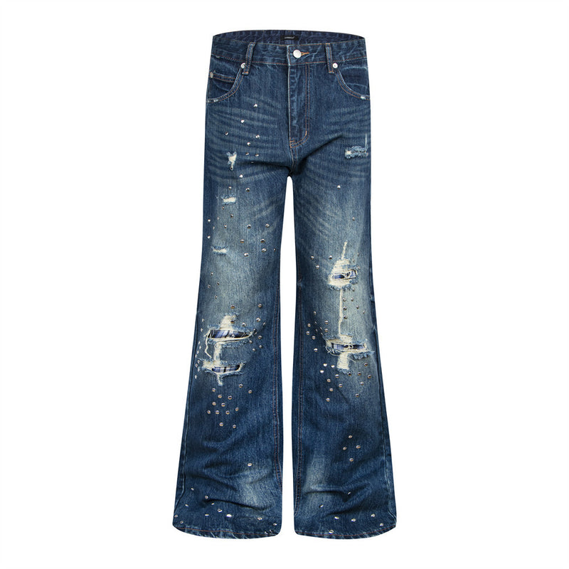 Herren-Bootcut-Jeans im Distressed-Look mit Nieten – Dunkelblauer Flare-Denim mit Karomuster