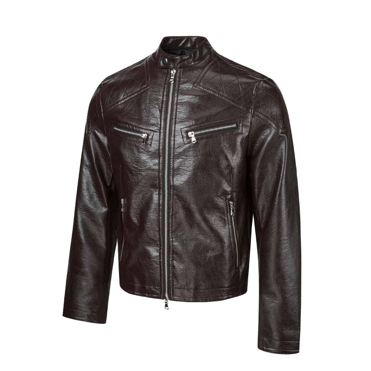 Faux Leather Moto Biker Jacket – Stand Collar with Zip Pockets