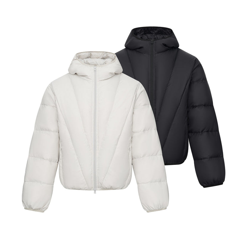 Hooded Puffer Down Jacket with Diagonal Quilting — Oversized Fit