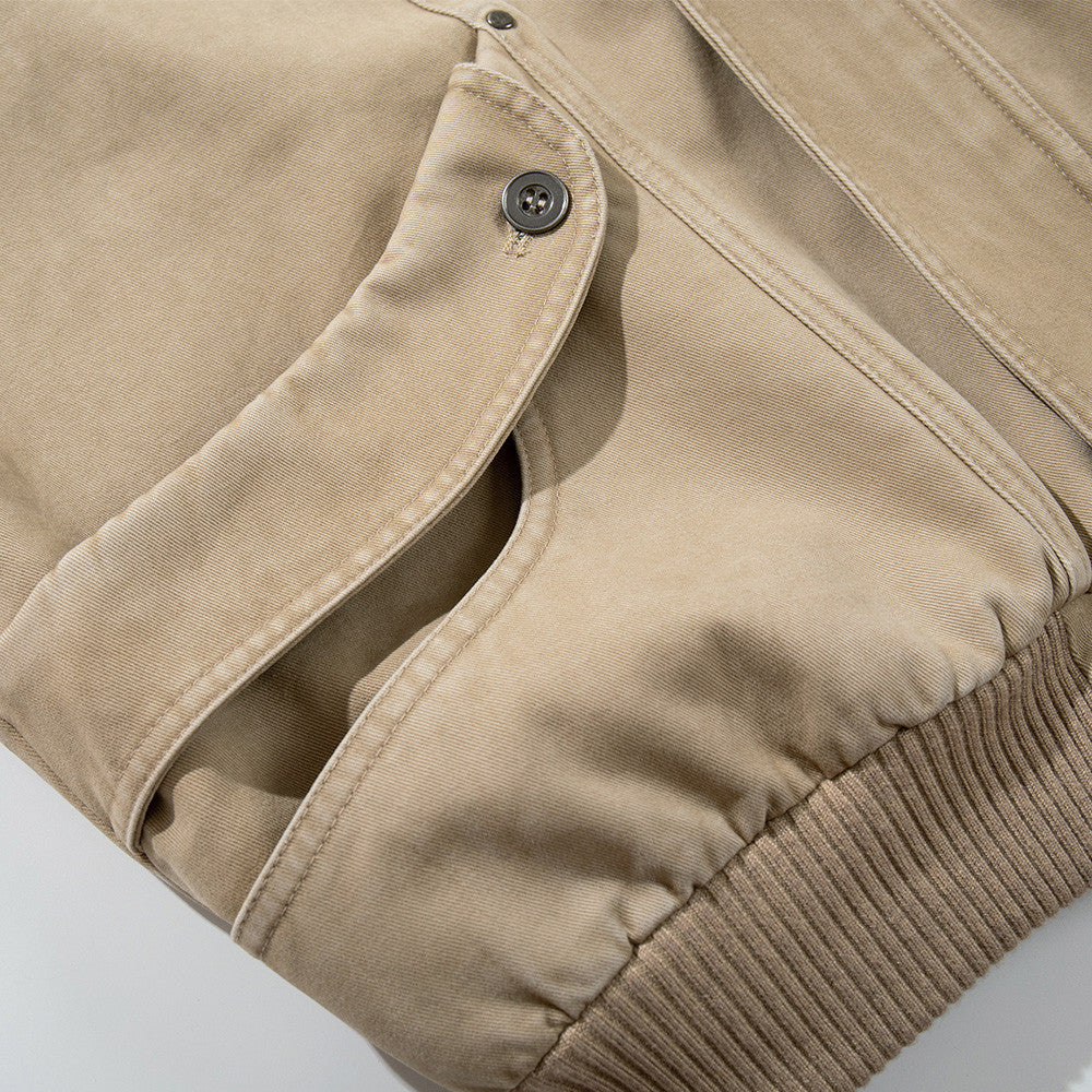 Blouson bomber vintage délavé – Veste homme oversize kaki avec grandes poches cargo