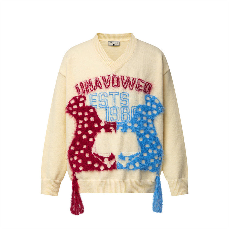 Men's V Neck Sweater Colorblock Cartoon Jacquard Fringe Knit Pullover
