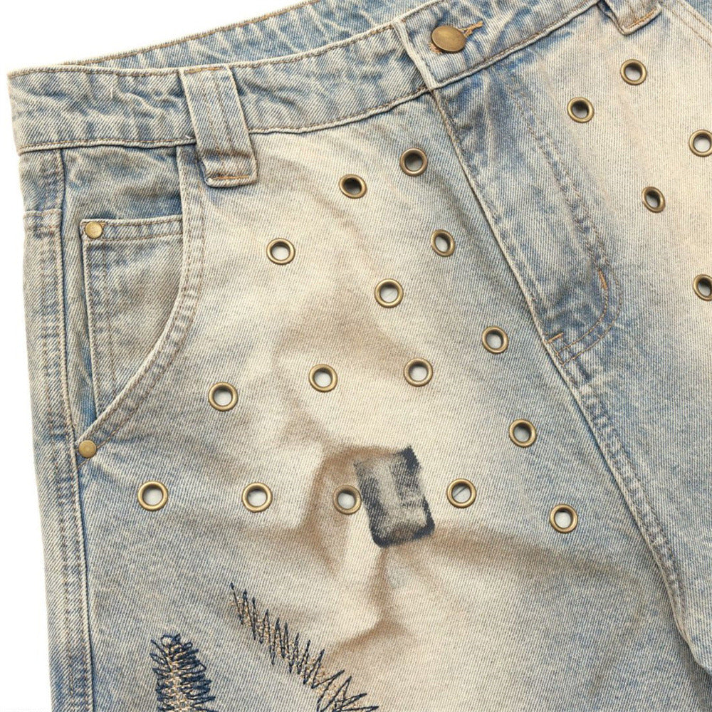 Men's Distressed Wide-Leg Jeans with Chaotic Embroidery & Metal Eyelet Detail