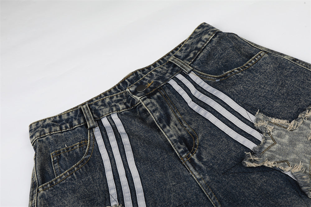 Vintage Washed Star Patch Stripe Denim Shorts