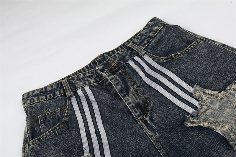 Vintage Washed Star Patch Stripe Denim Shorts
