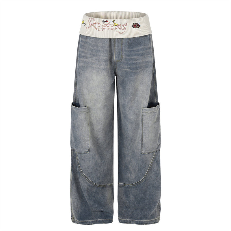 Vaqueros cargo de pierna ancha para hombre: denim lavado con cintura de punto y bolsillos laterales