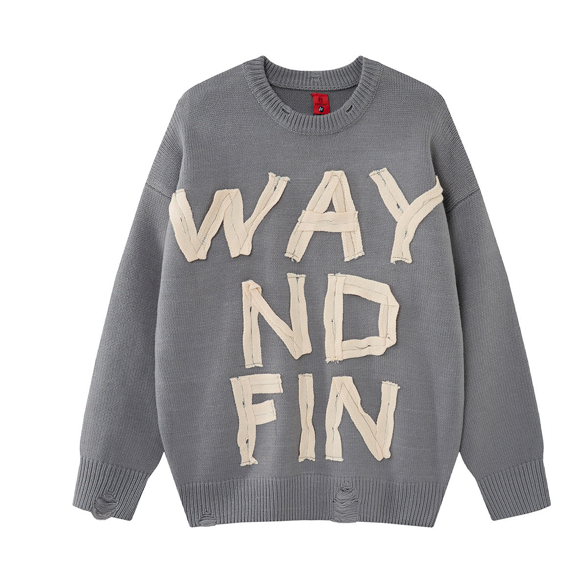 Pull oversize col rond en maille délavée, motif lettre appliqué crème, coloris gris, vue de face