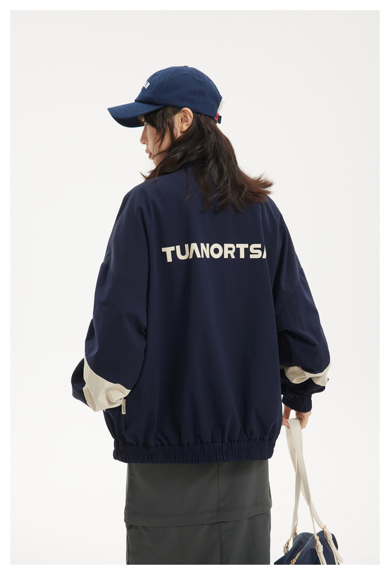 Colorblock Zip-Up Track Jacket — Oversized Retro Varsity Style