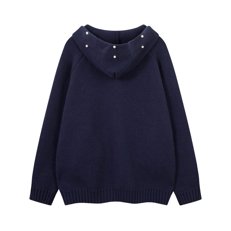 Fur-Trim Hooded Zip-Up Knit Cardigan Jacket