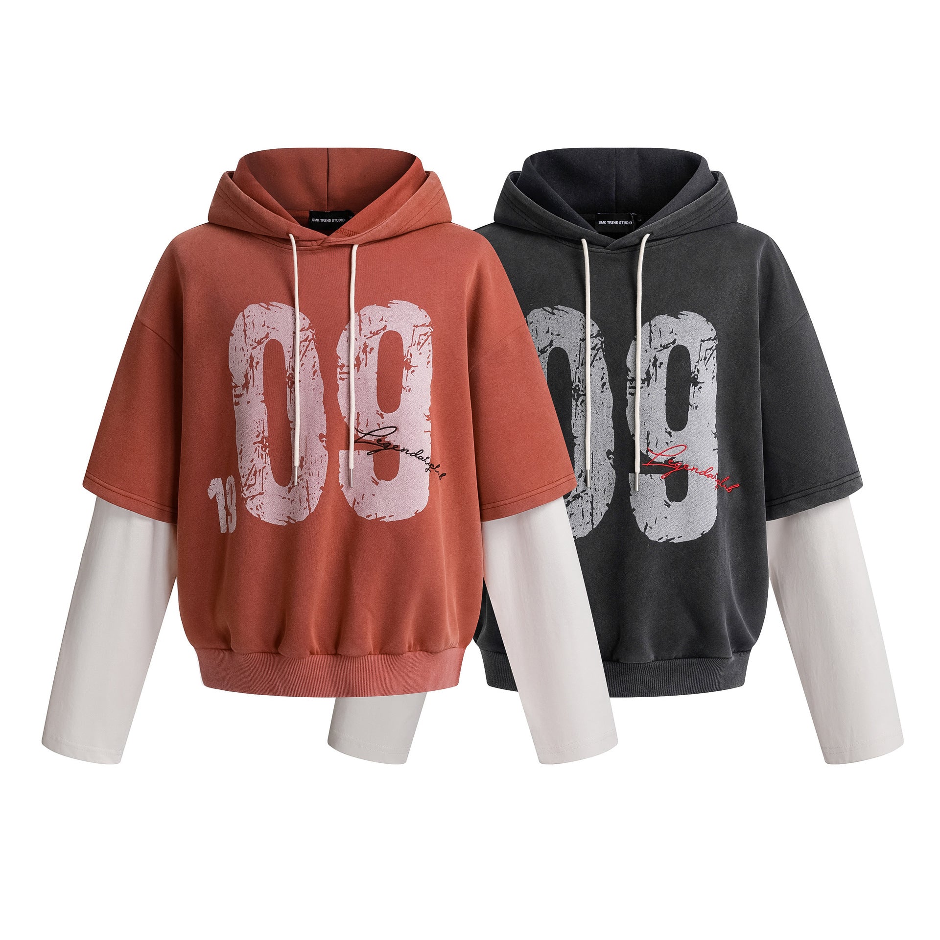 Sudadera extragrande de hombre con efecto de dos piezas y estampado desgastado «09», en rojo lavado y carbón lavado, de estilo streetwear