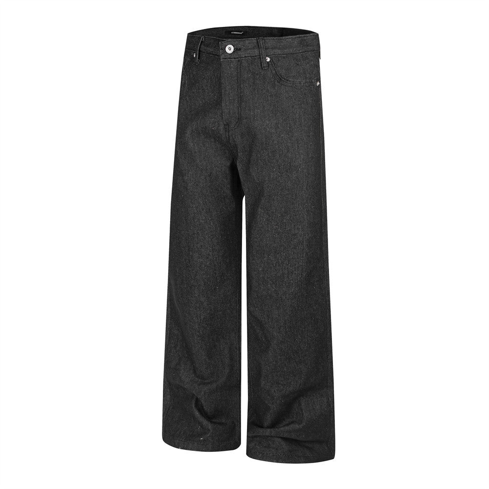 Wide-Leg-Raw-Denim-Jeans – Schwarze Herrenjeans mit Stern-Patches, Straight Fit