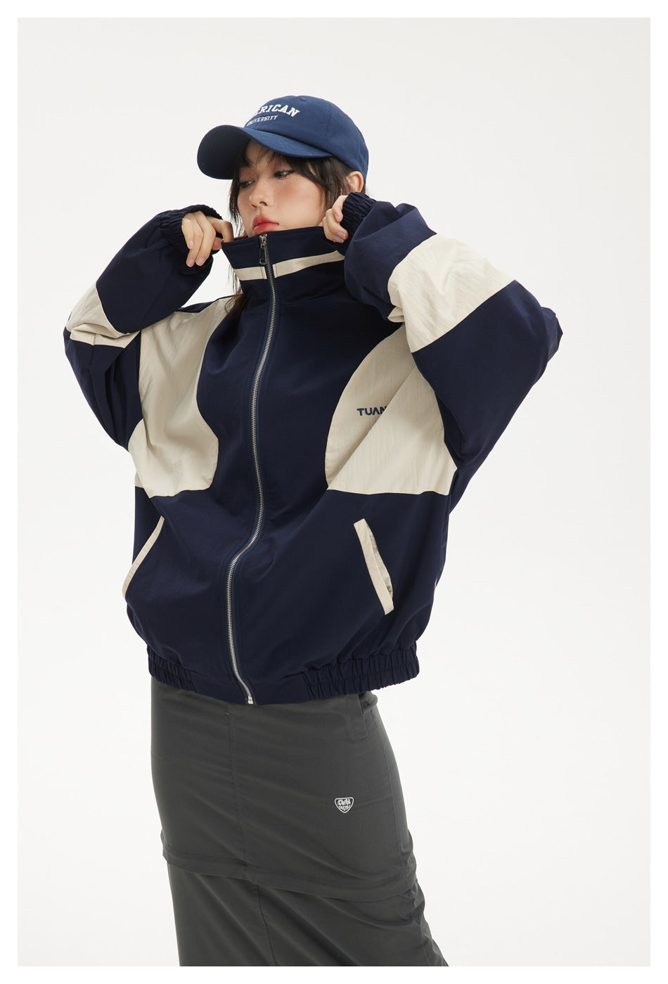 Colorblock Zip-Up Track Jacket — Oversized Retro Varsity Style