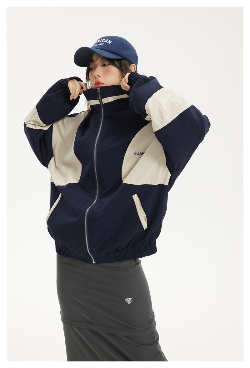 Colorblock Zip-Up Track Jacket — Oversized Retro Varsity Style
