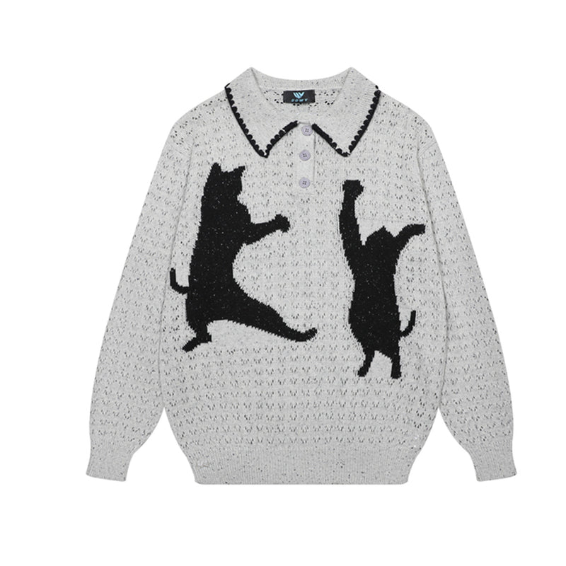 Cat Jacquard Polo Collar Openwork Knit Sweater – Unisex Korean Style