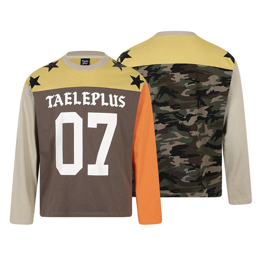 Taeleplus 07 Colorblock Long Sleeve T-Shirt – Star Print Camo Back Street Style