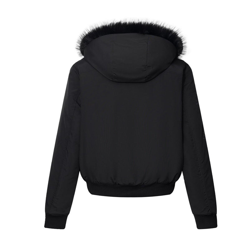 Men's Faux Fur Hood Bomber Jacket – Black Gothic Graphic Padded Coat