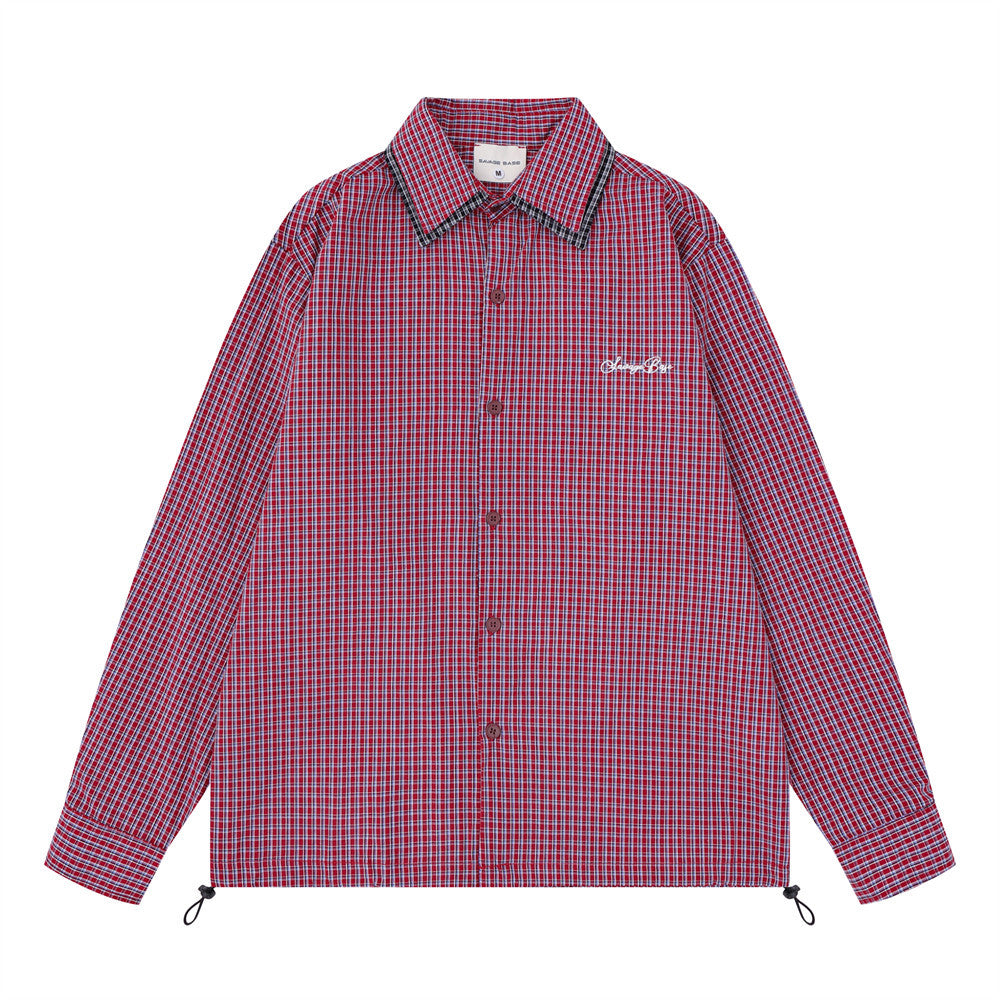 Men's Plaid Long Sleeve Oversized Button-Down Shirt with Drawstring Hem