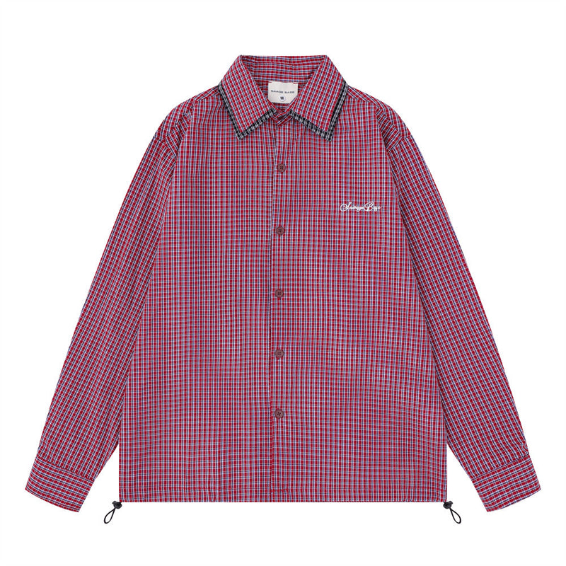 Men's Plaid Long Sleeve Oversized Button-Down Shirt with Drawstring Hem