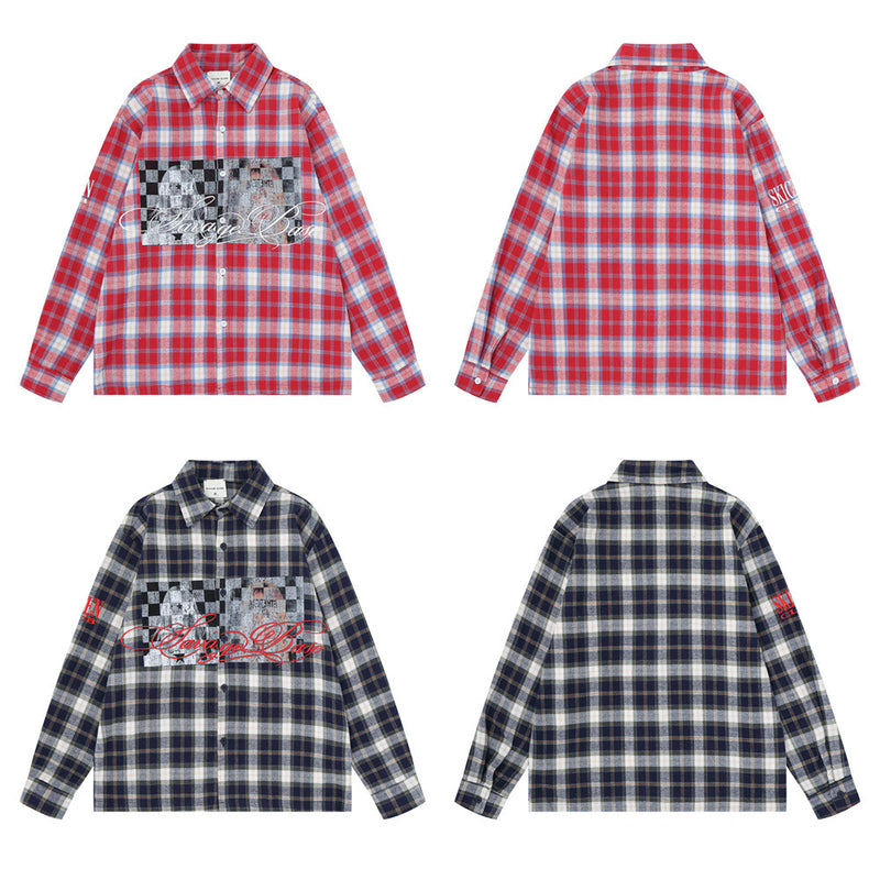 Plaid Flannel Shirt Men's Streetwear Checkerboard Graphic Print Oversized